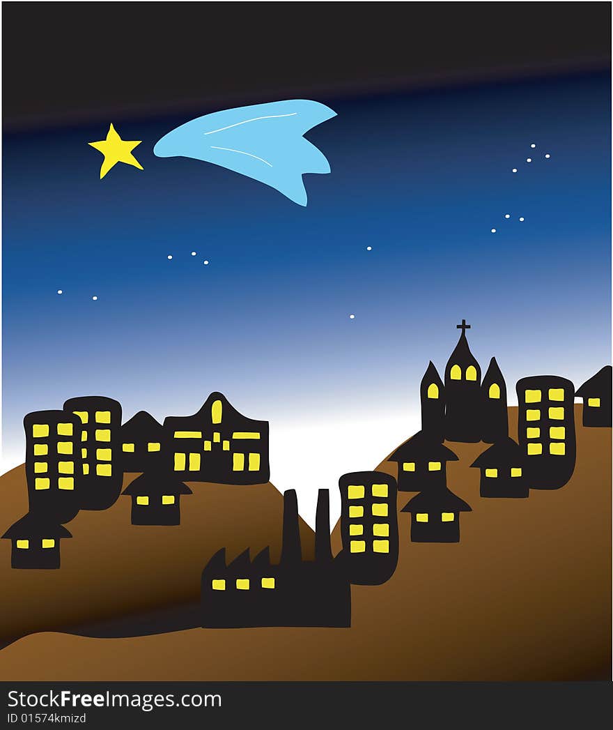 A hand drawn illustration of a comet in the sky above a small city.