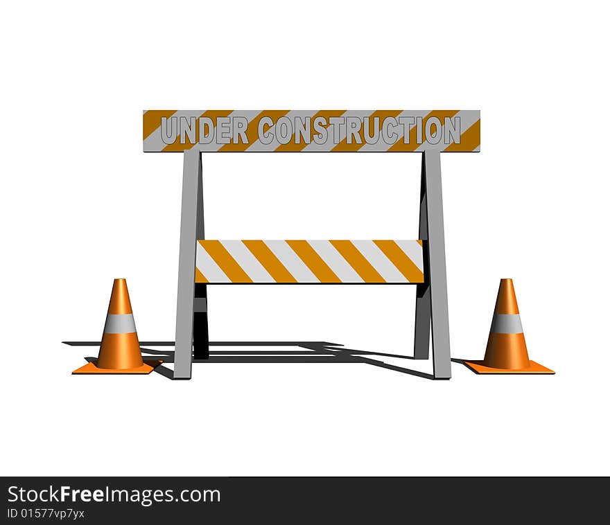 Under construction - caution sign with traffic cones - 3d illustration