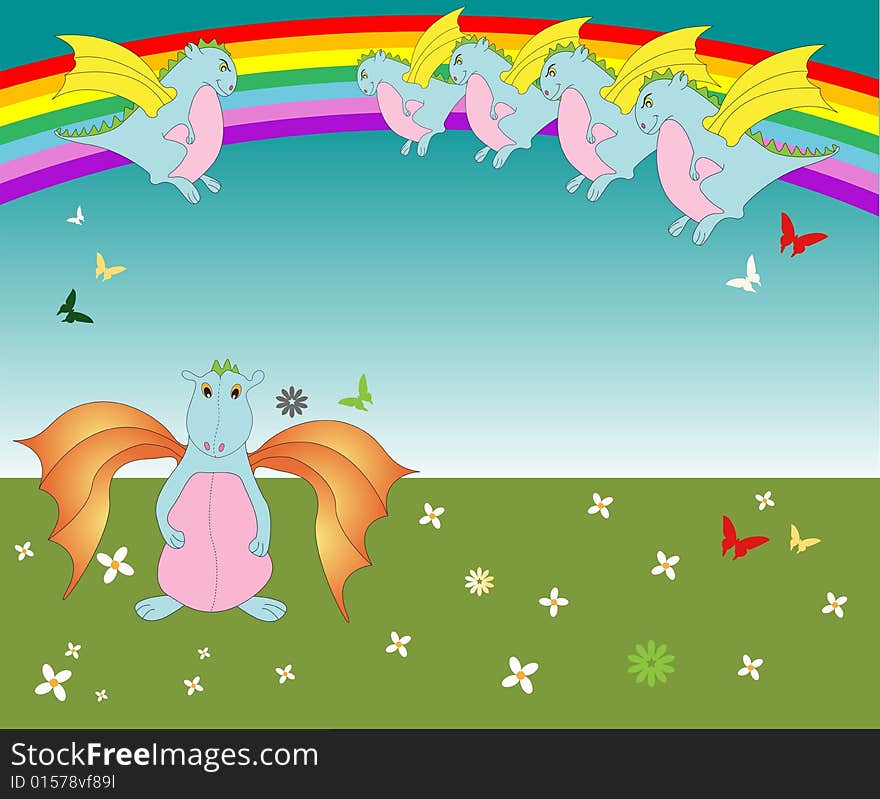 Colorful background with young dragons, rainbow, flowers and butterflies