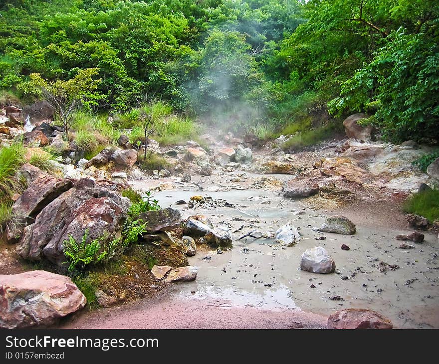 Volcanic mud pool with bubbles in a green environment