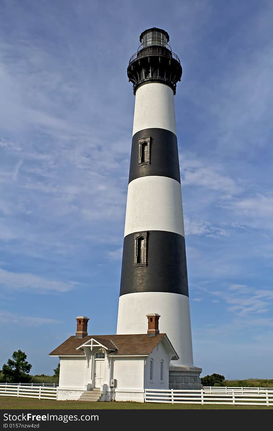 Black and white striped lighthouse located in North Carolina on the east coast of the United States.