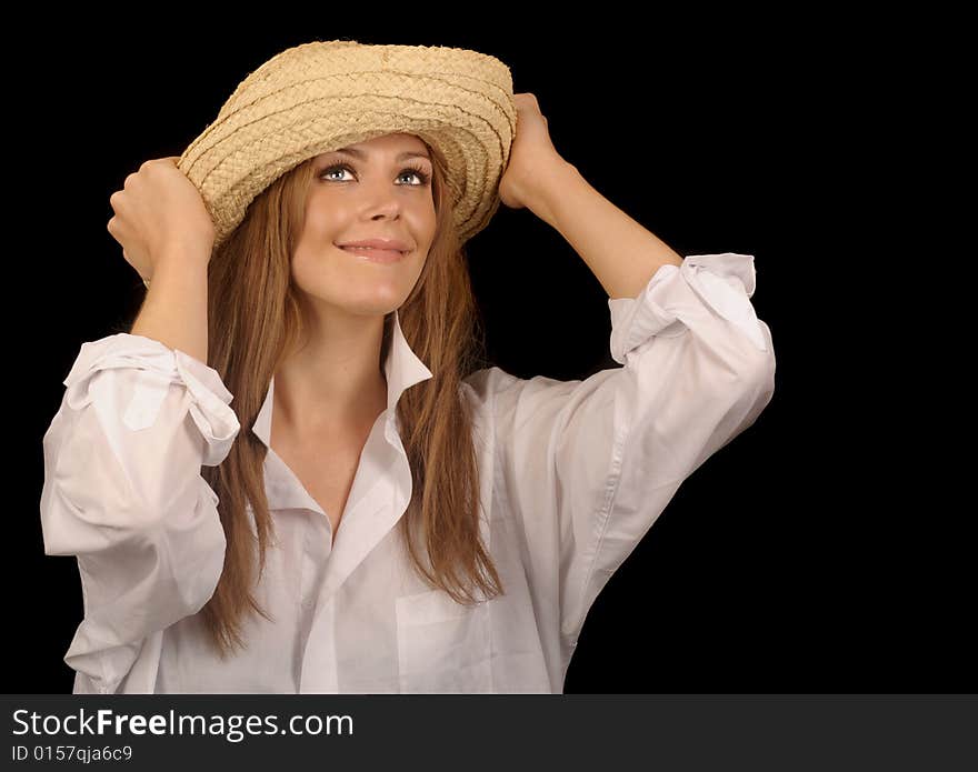 Cute Image of a Woman with straw hat on Black. Cute Image of a Woman with straw hat on Black