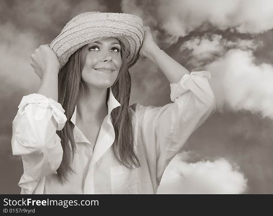 Beautiful Image of Woman Outdoors with Straw Hat. Beautiful Image of Woman Outdoors with Straw Hat.