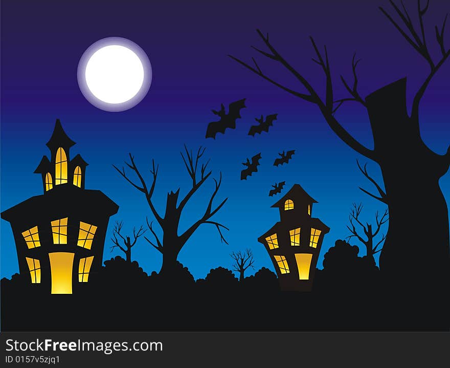 Figure for a Halloween. Night time. Silhouettes of trees, houses and bats, in windows of houses light burns. The bright moon brightly shines. Bats fly to the round moon.