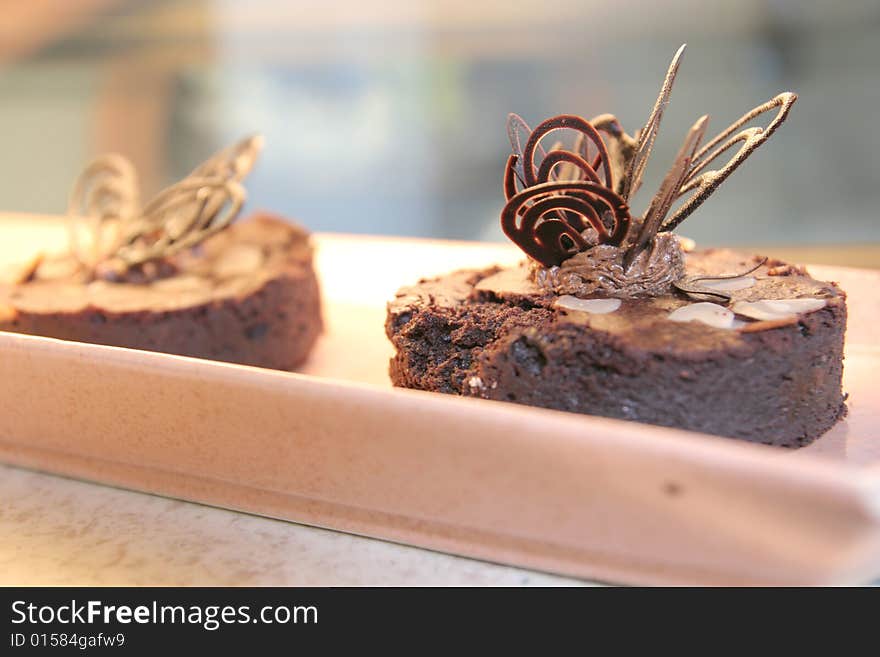 Brownie cake in display cake at store