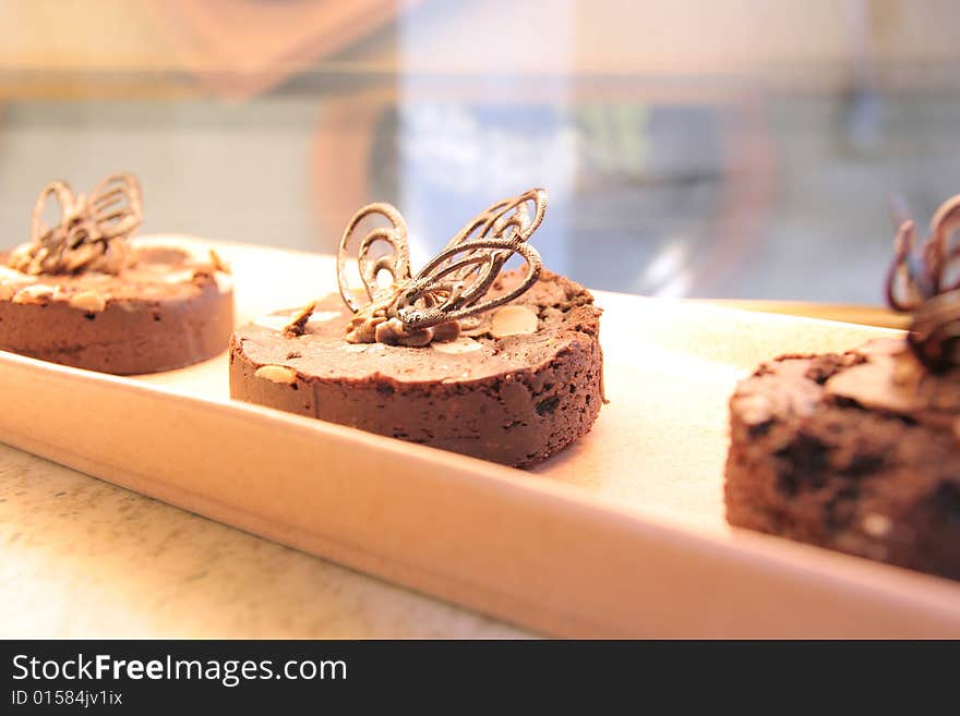 Brownies cake in the display case at store