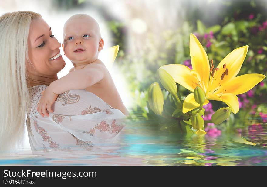 Happy mother with baby over white