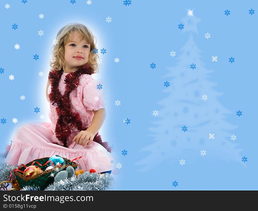 Beautiful little girl with christmas decoration on isolated background