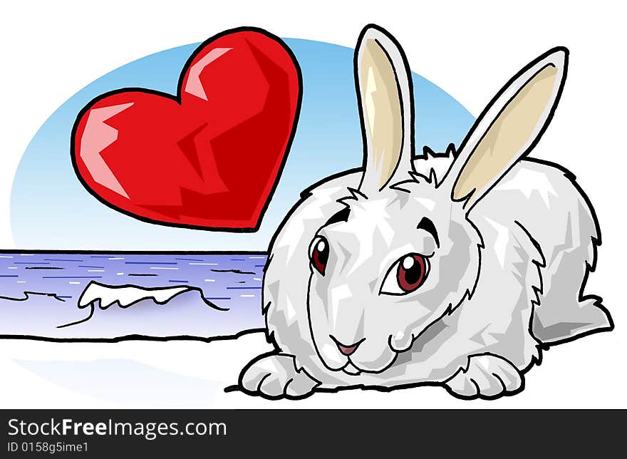 Artistic illustration of a cute rabbit. On the background there is a heart upon the sea. Artistic illustration of a cute rabbit. On the background there is a heart upon the sea