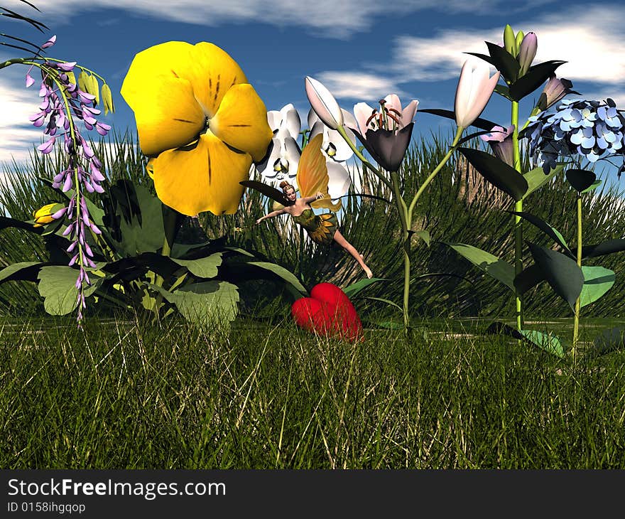 3d image with flowers, grass, plants, and nymph. 3d image with flowers, grass, plants, and nymph