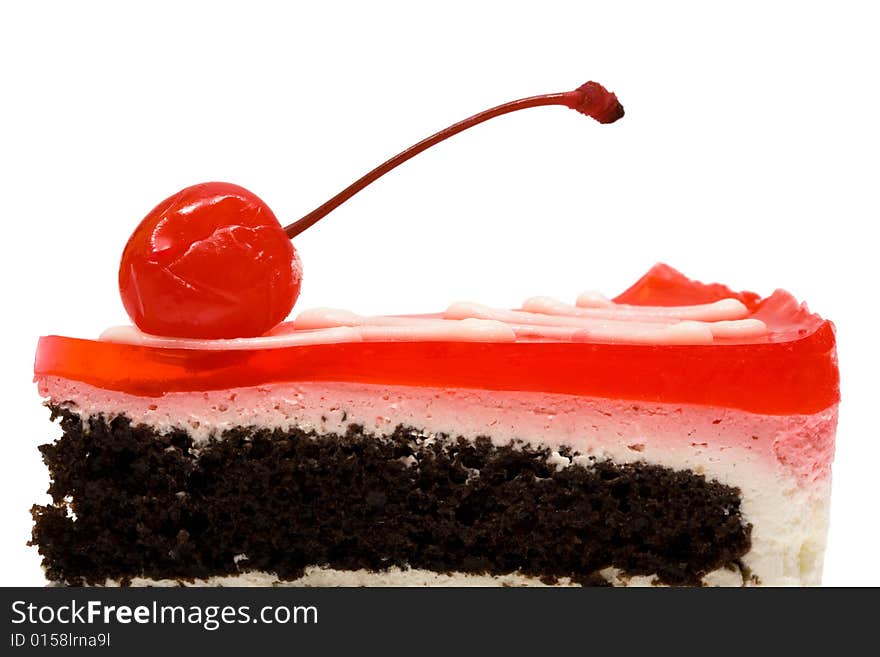 Chocolate pie with a cherry on a white background