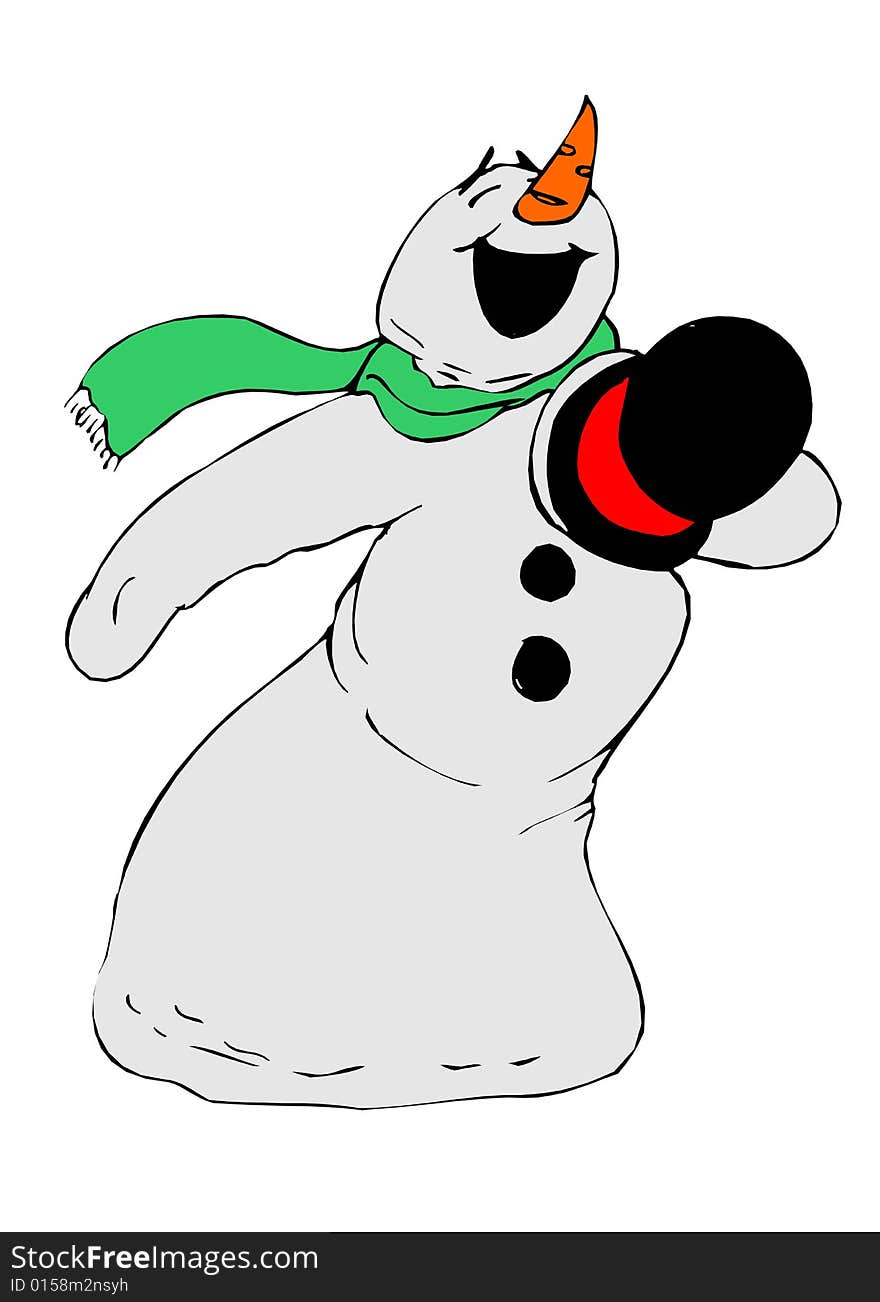 Cartoon illustration of snowman sing a song with red scarf