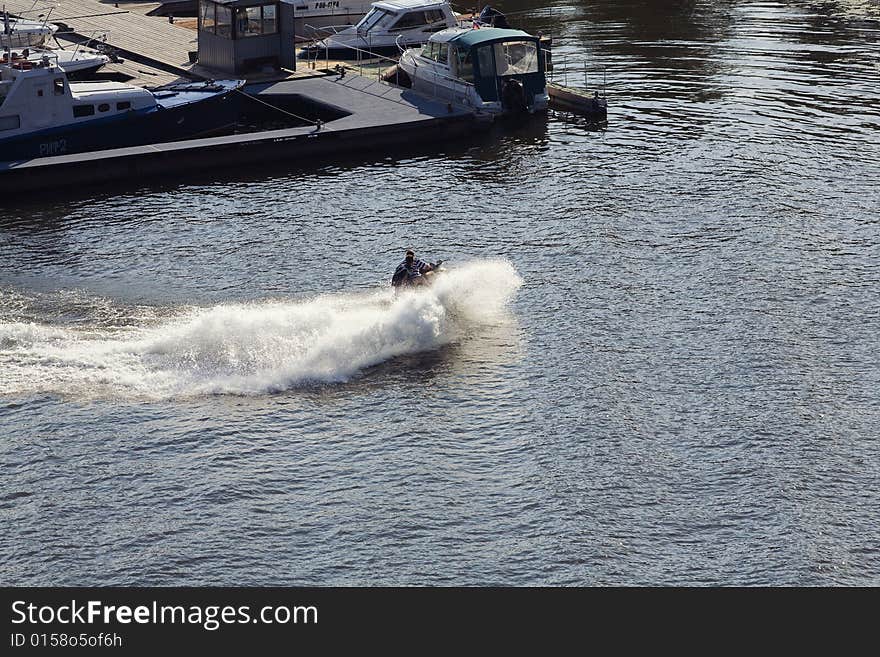 Turn of a water motorcycle on the river. Turn of a water motorcycle on the river