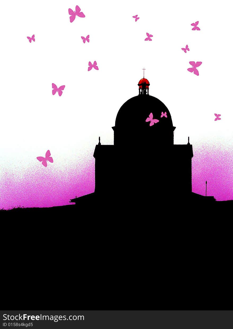 Butterflies flying around an old church. Butterflies flying around an old church