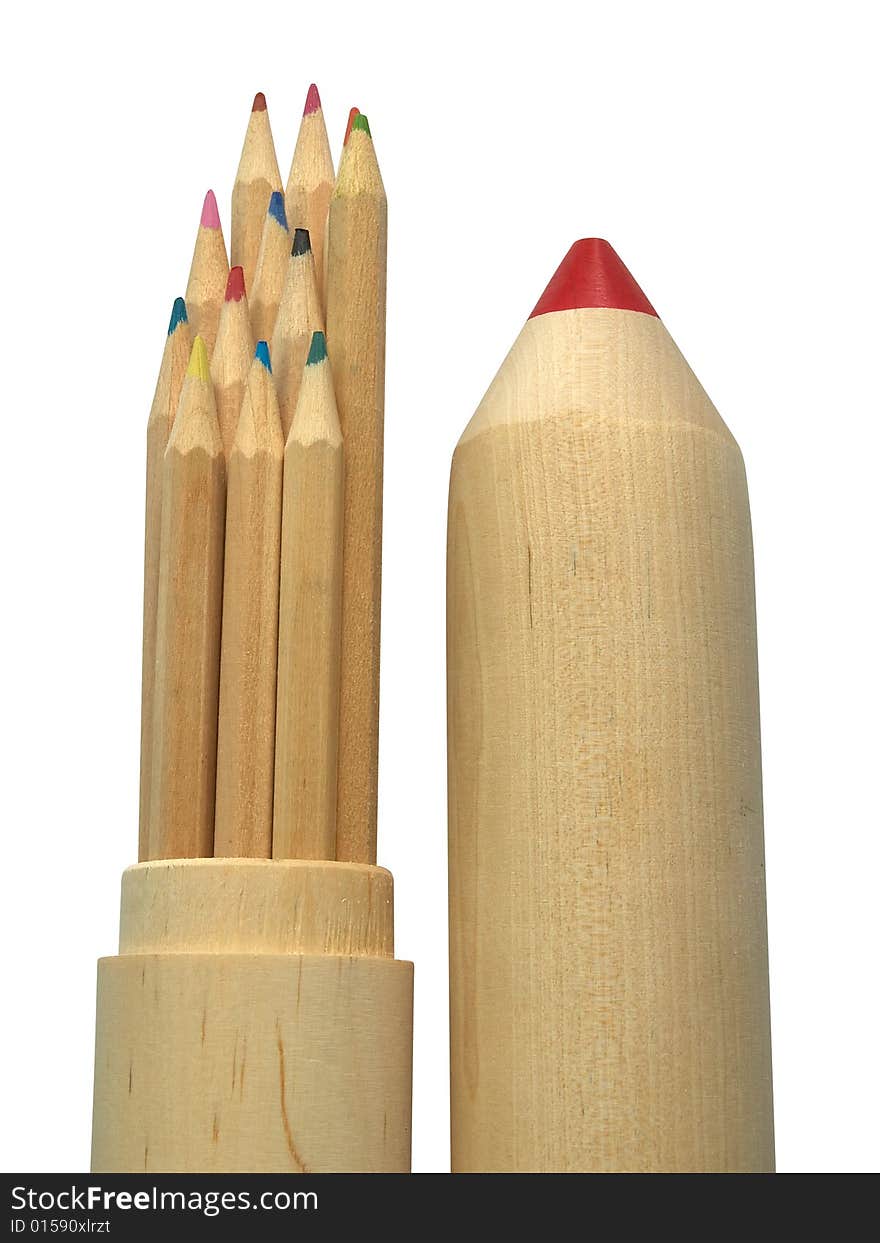 Big wooden pencil-case filled with colored pencils. Clipping path. Big wooden pencil-case filled with colored pencils. Clipping path.