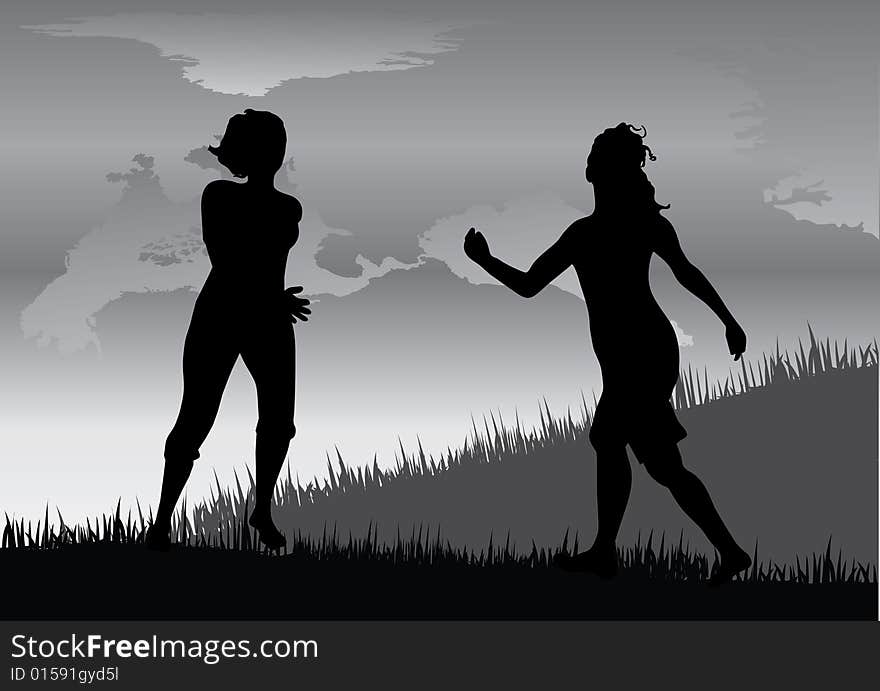 Two young woman jumping