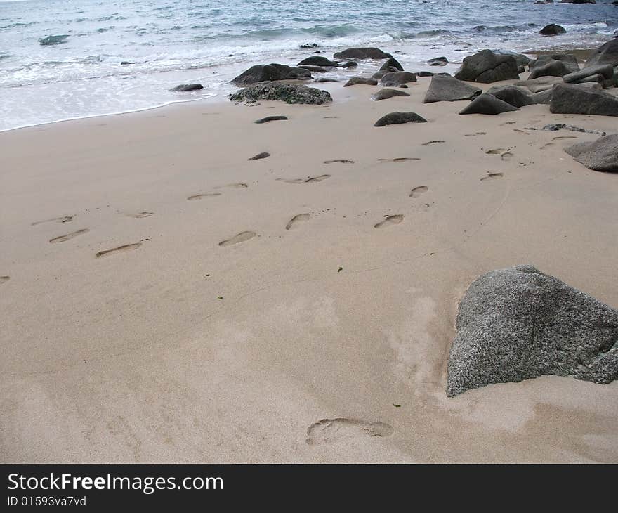 Praa Sands  beach with rocks.