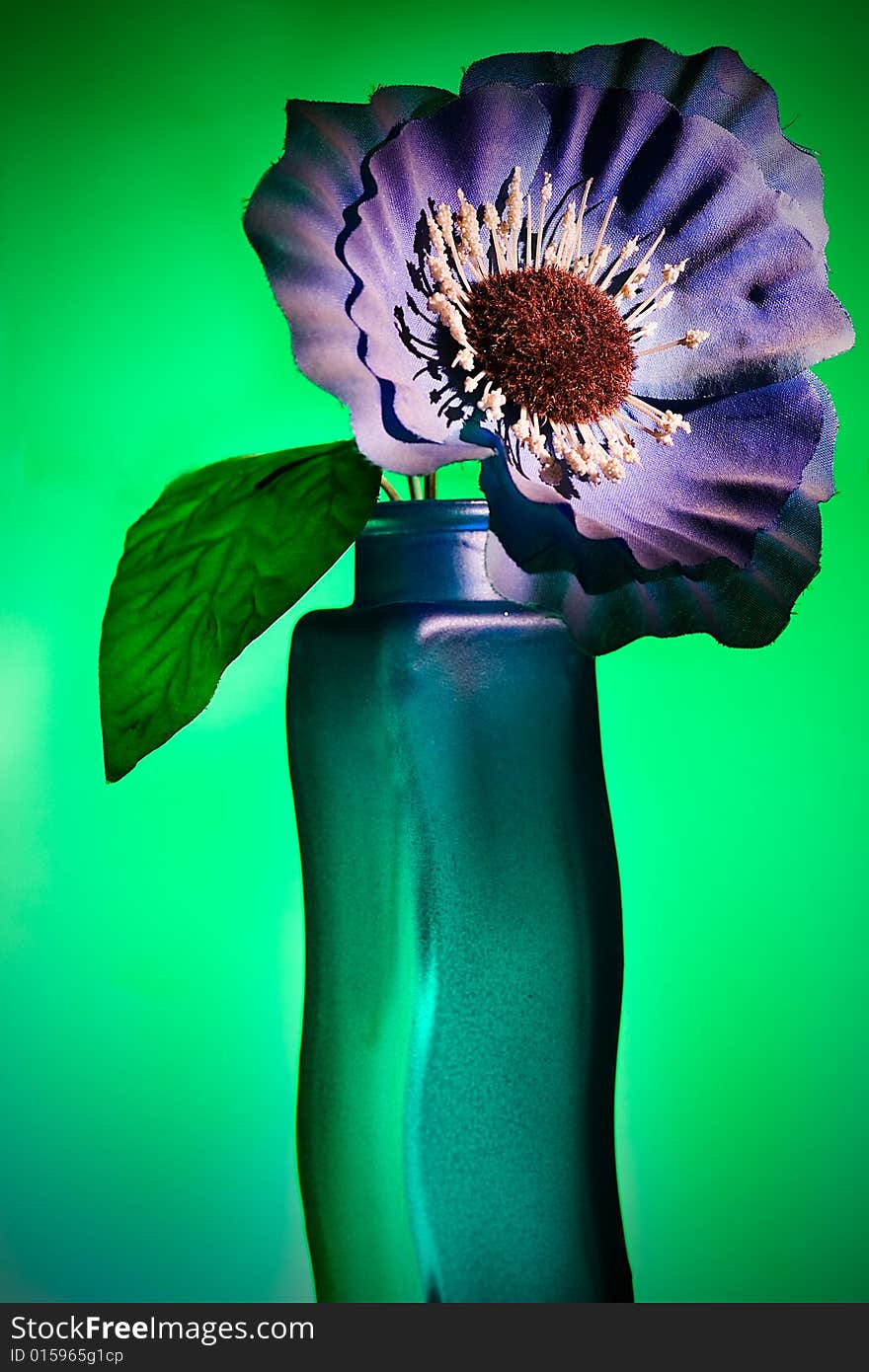 Blue flower on green background