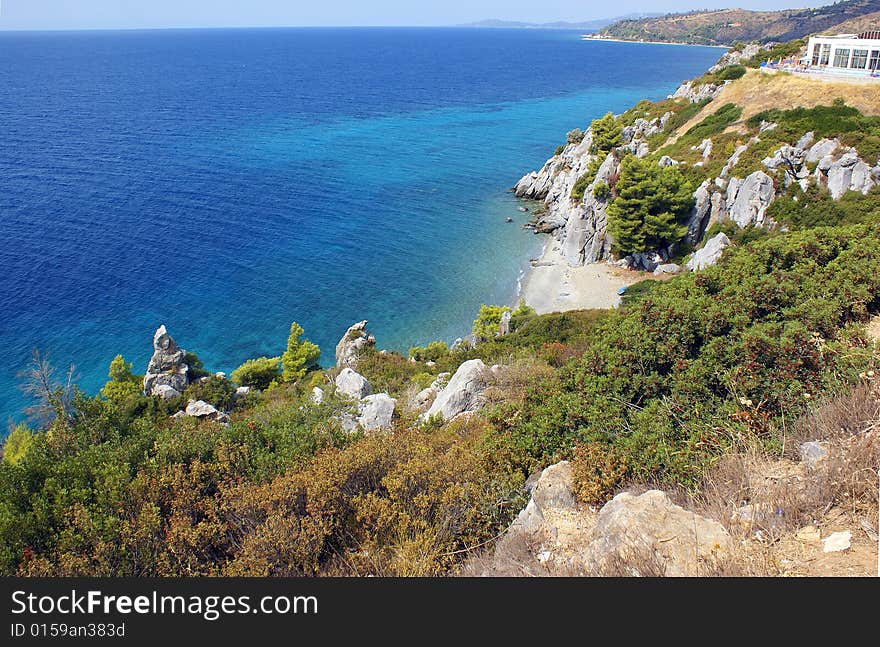 View of the coastline of the Kassandra peninsula in Halkidiki (Greece).