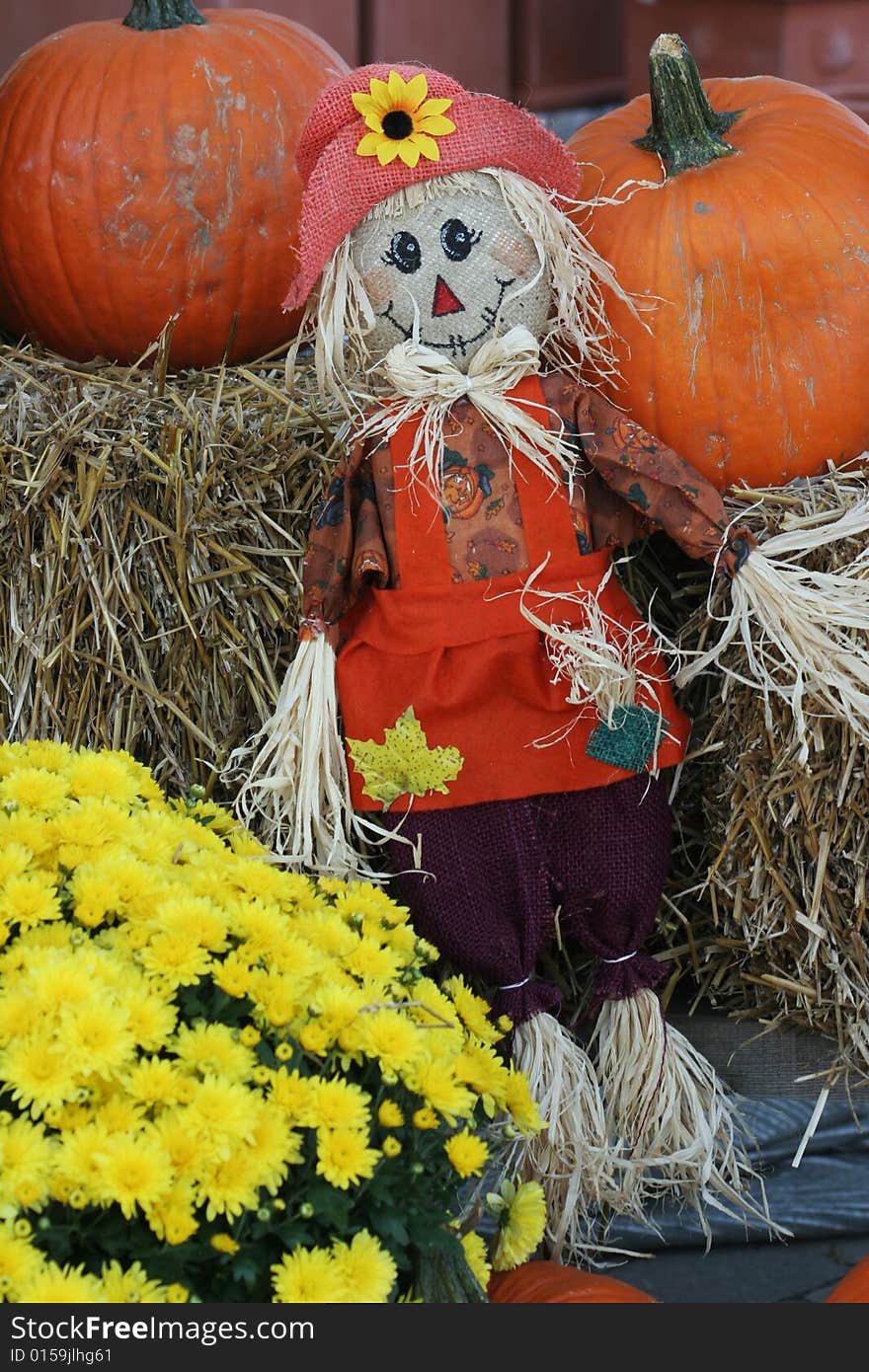 A small scarecrow leaning against a bale of hay surrounded ny flowers and pumpkins. A small scarecrow leaning against a bale of hay surrounded ny flowers and pumpkins