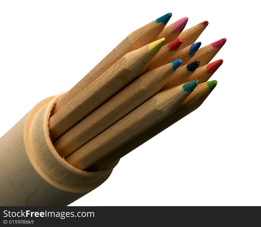 Wooden colored pencils into pencil-case. Clipping path.