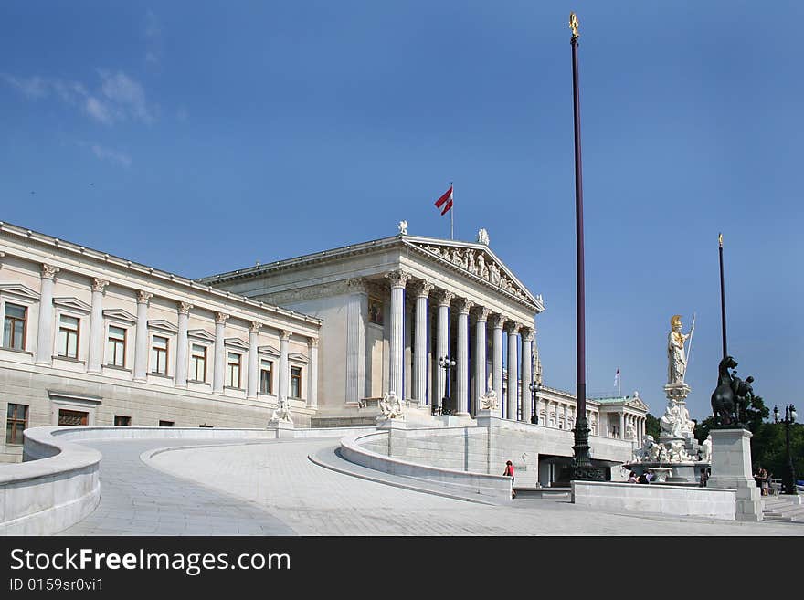 Austrian Parliament building with statue of Athena