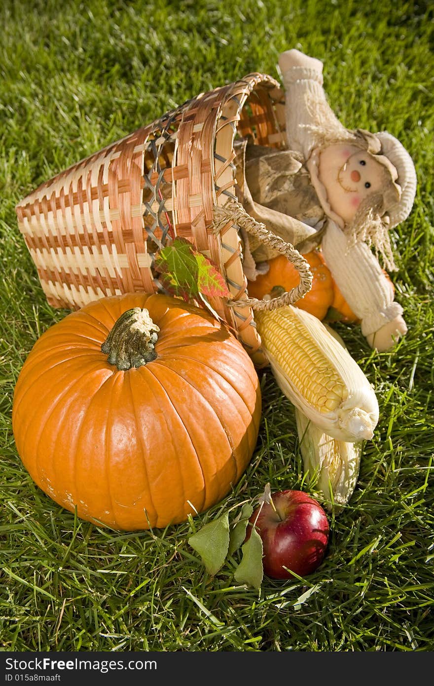 Cute scarecrow doll in a harvest basket with pumpkins, corn and apples. Cute scarecrow doll in a harvest basket with pumpkins, corn and apples