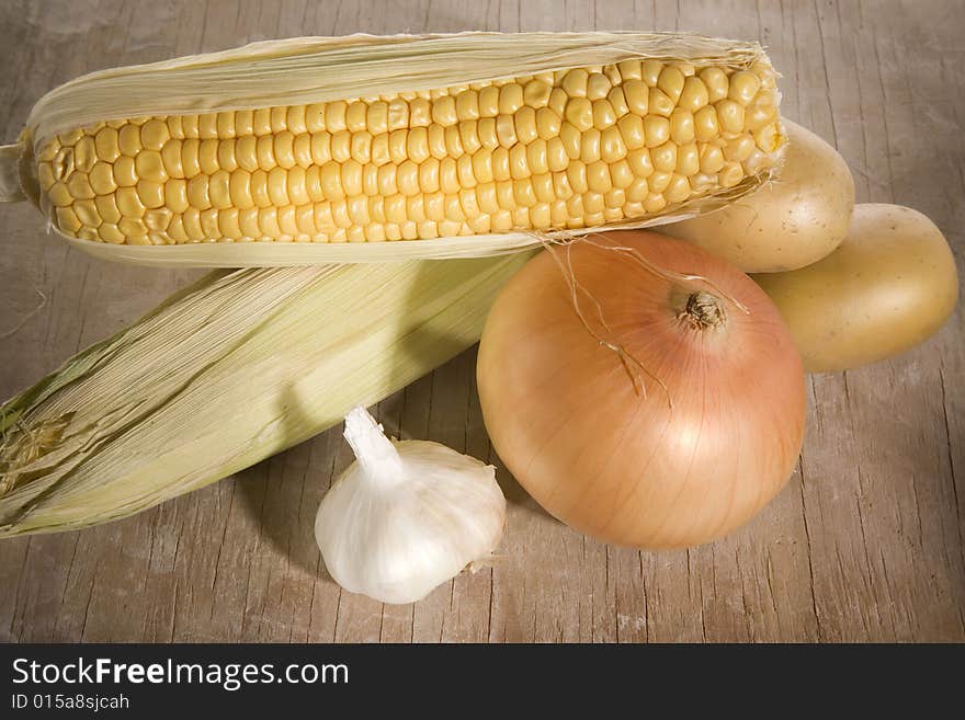 Vegetables on rusty white wood