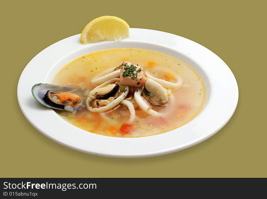 Italian seafood soup with salmon, prawn and shellfish.