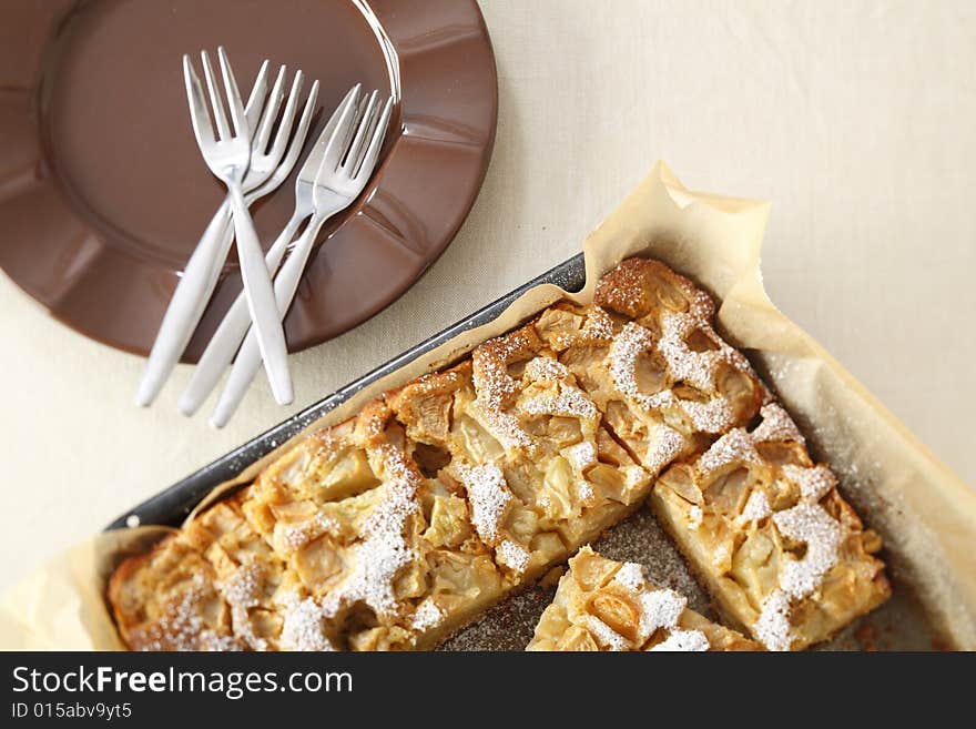 Delicious apple pie with icing sugar