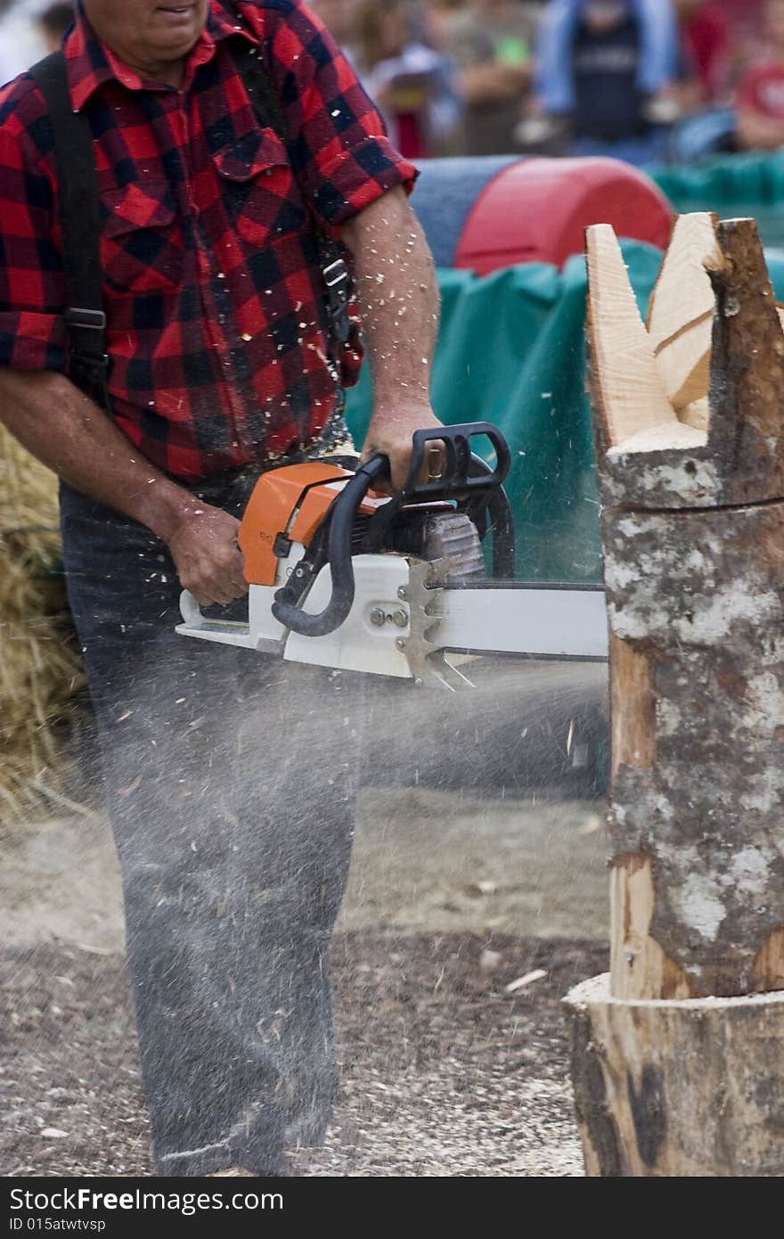 Chainsaw Sculptor carving log sculpture with spectators in background