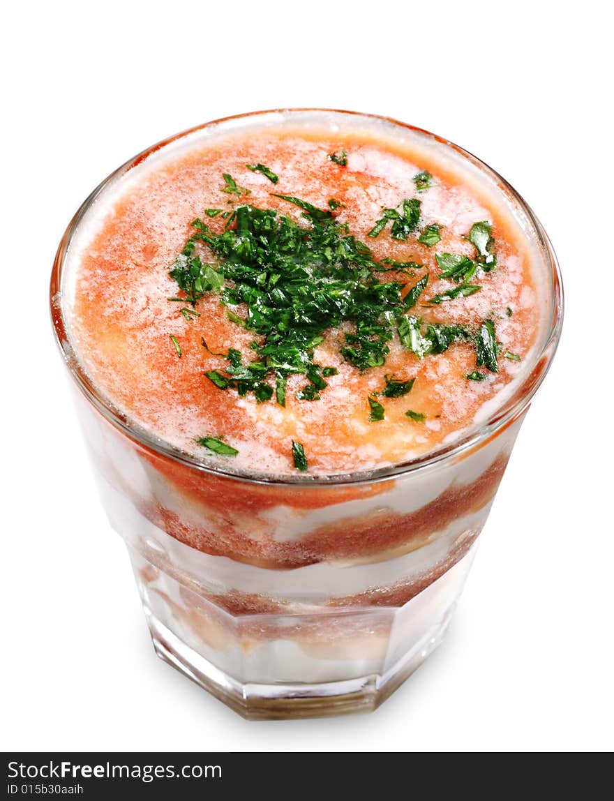 Vegetables Healthy Cocktail from Tomato Fresh, Sour Cream Served with Greens. Isolated on White Background