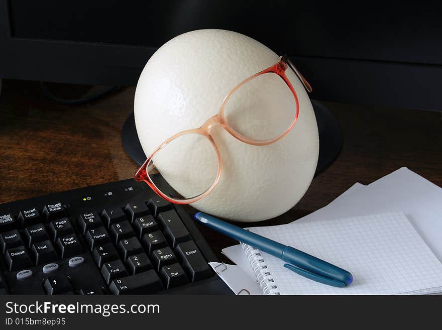 Head made from ostrich egg lying near keyboard. Head made from ostrich egg lying near keyboard