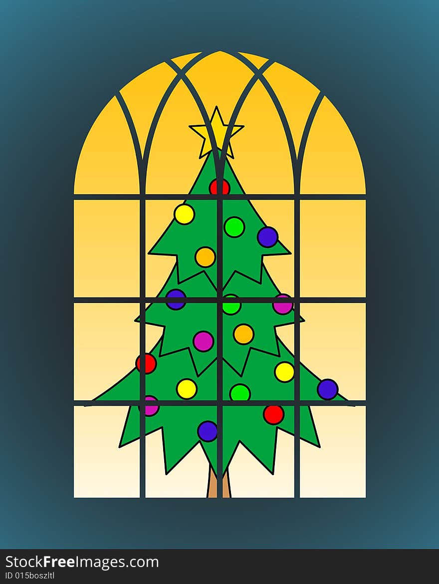 Christmas tree behind window on orange background