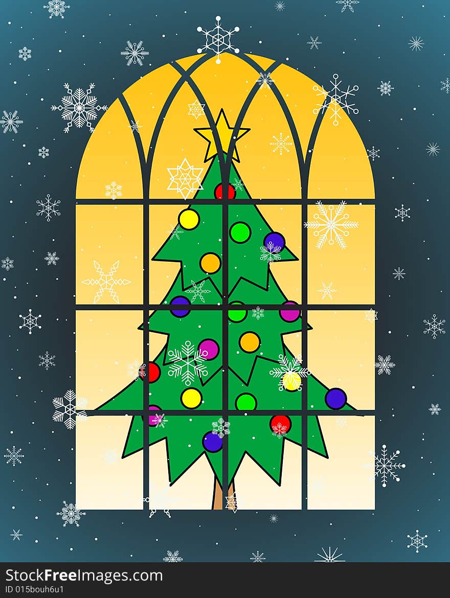 Christmas tree behind window with snowflakes