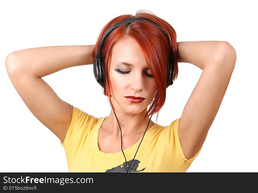 Fummy colorful girl listening music. Fummy colorful girl listening music