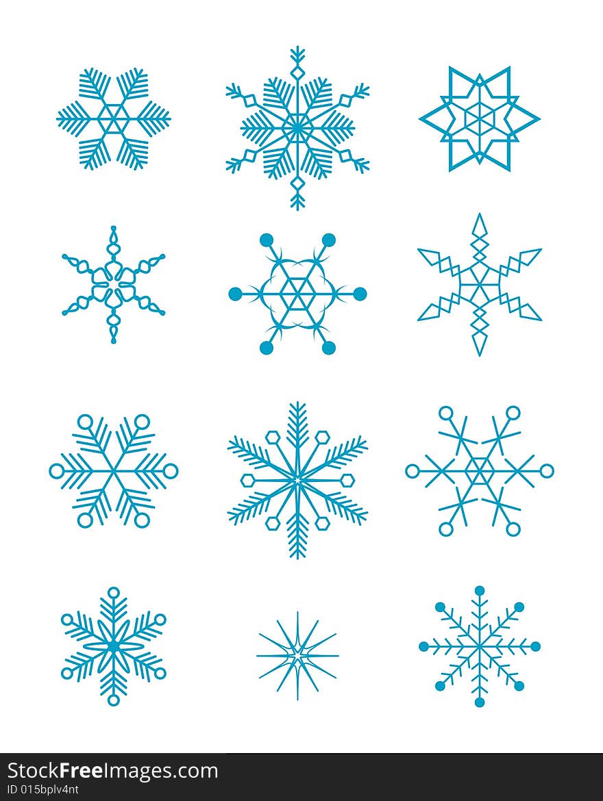 Set of 12 vector blue snowflakes