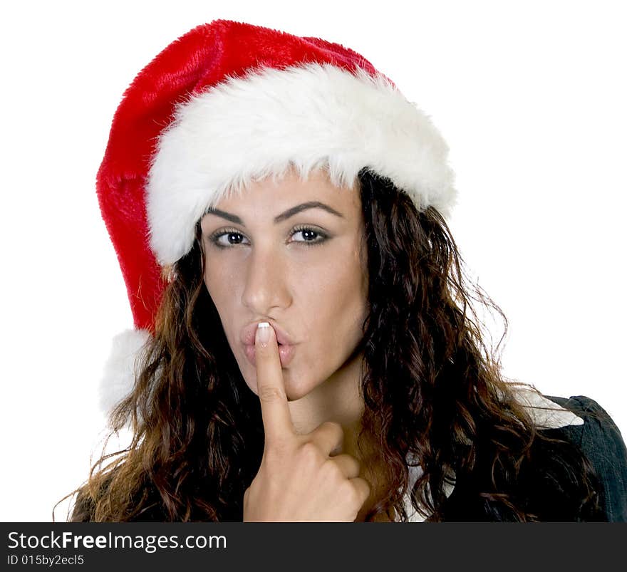 Christmas lady making silence sign