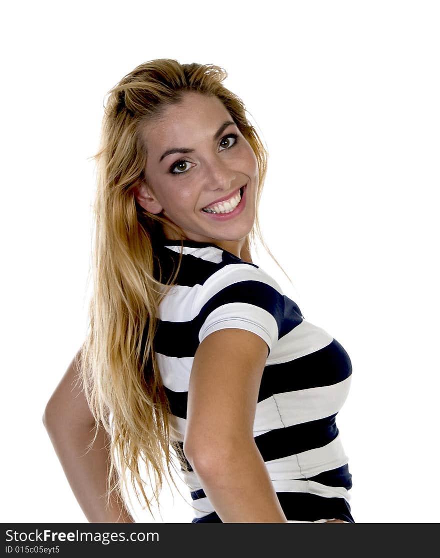 Lady throwing smile to camera against white background