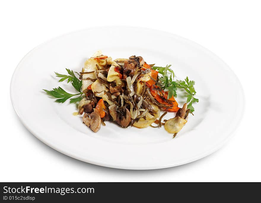 Baked Potatoes Slice with Mushrooms Served with Parsley. Isolated on White Background