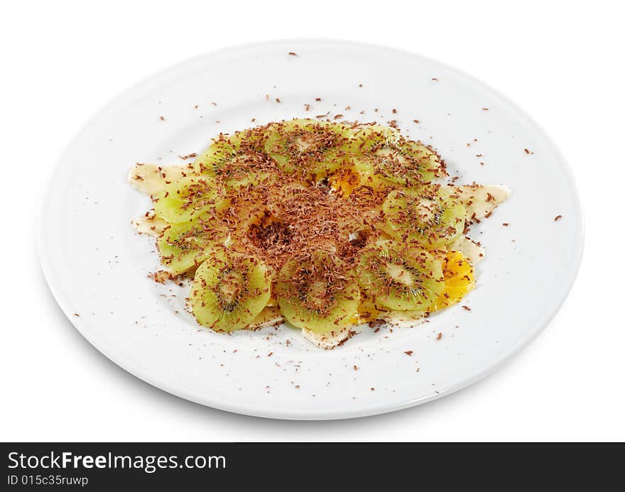 Fruit Carpaccio Plate under Chocolate Crumb. Isolated on White Background