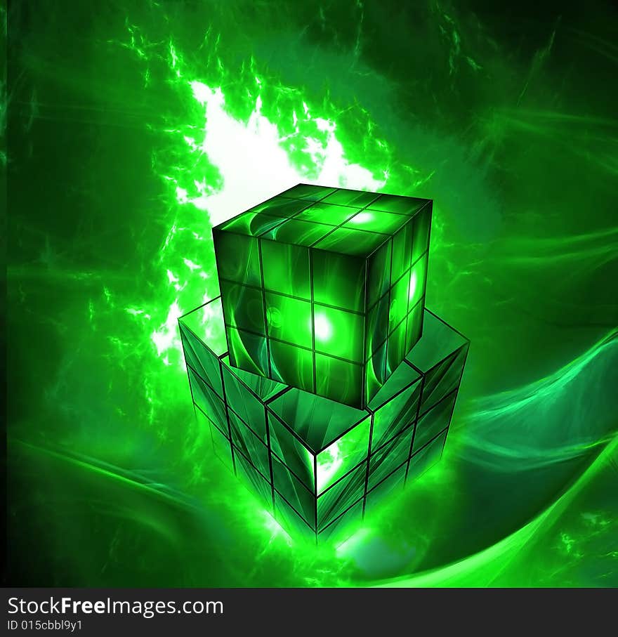 Two green cubes abstract background