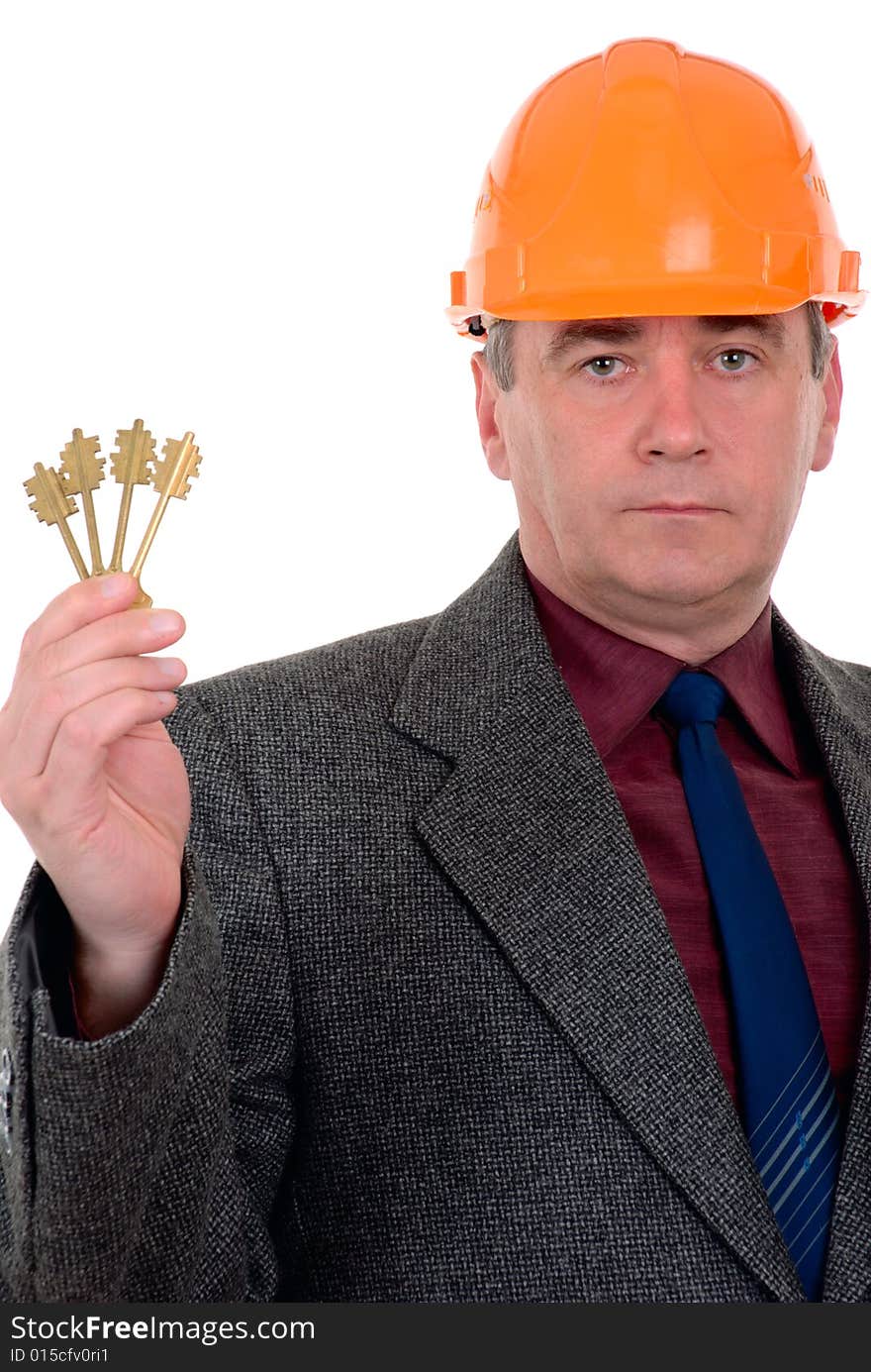 Middle-aged constructor holding a key