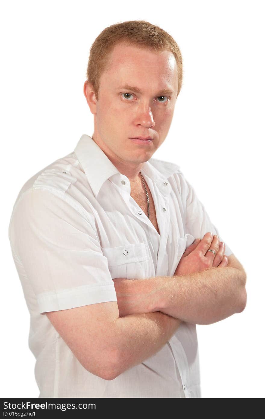 Red-haired man posing on white