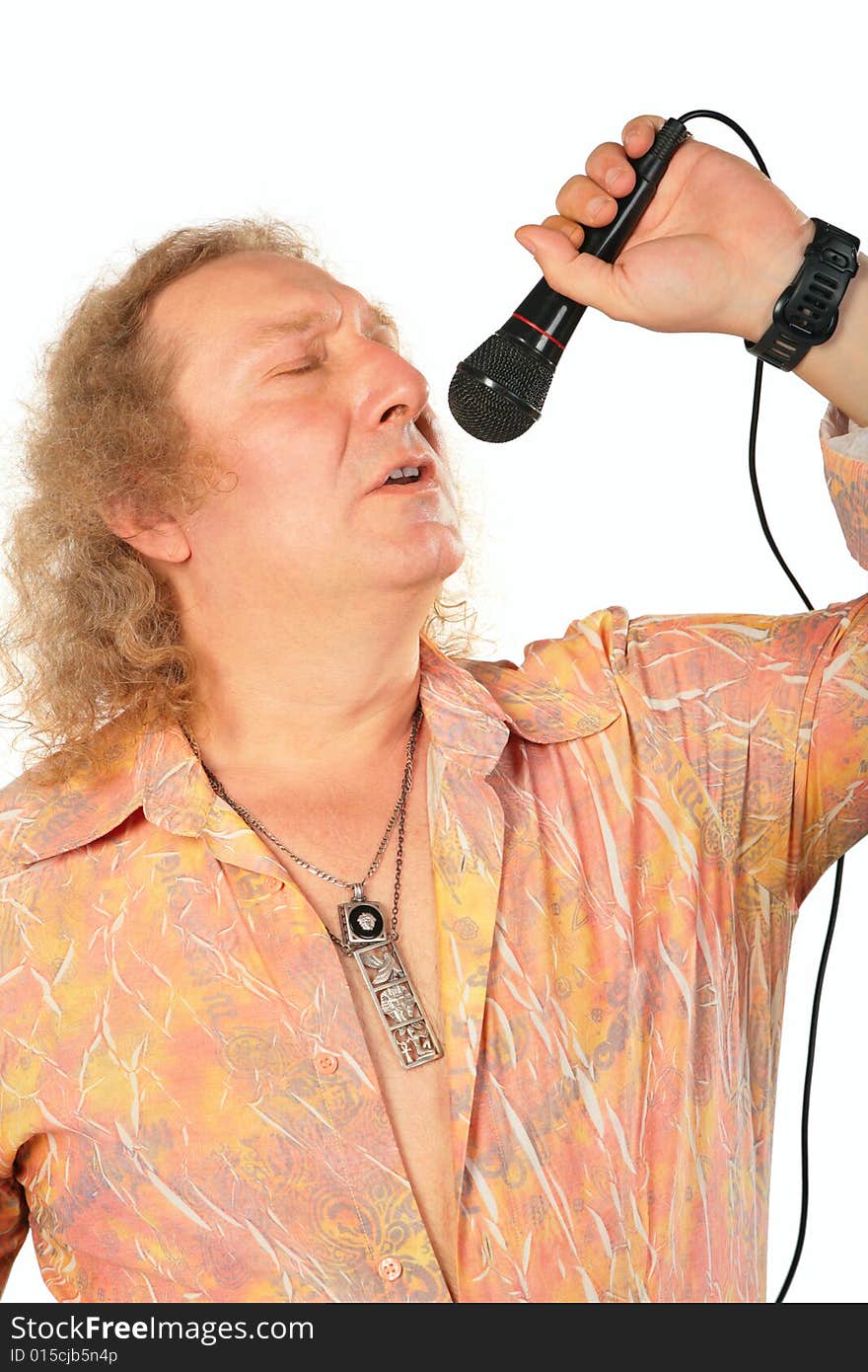 Mature man with microphone on white