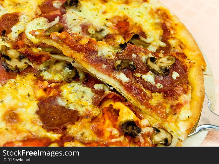 A pizza with cheese,salami - slices