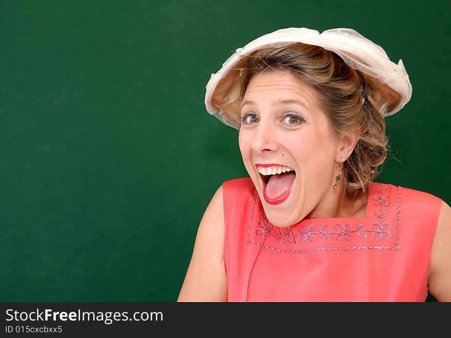 Excited girl in retro style at Goodwood Revival event, UK