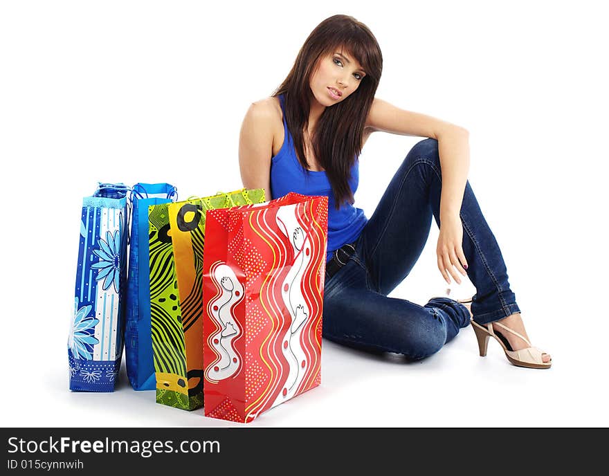 Beautiful woman with shopping bag, shopper isolated on white background