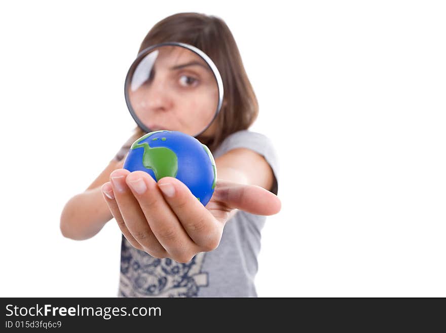 Young woman holding small earth globe isolated on white background