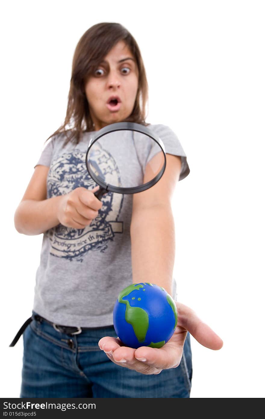 Young woman holding small earth globe isolated on white background